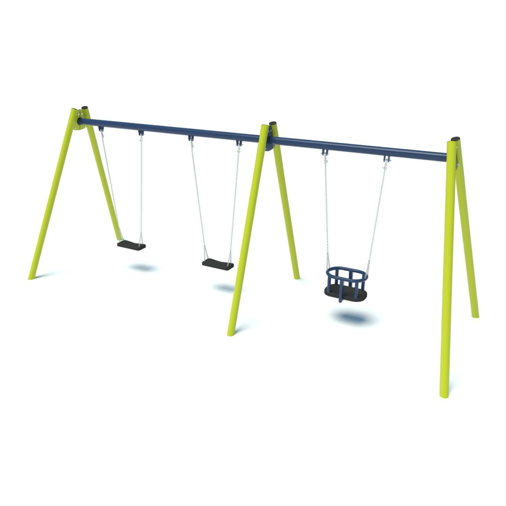 Triple pendulum swing - bucket and flat seats for the playground